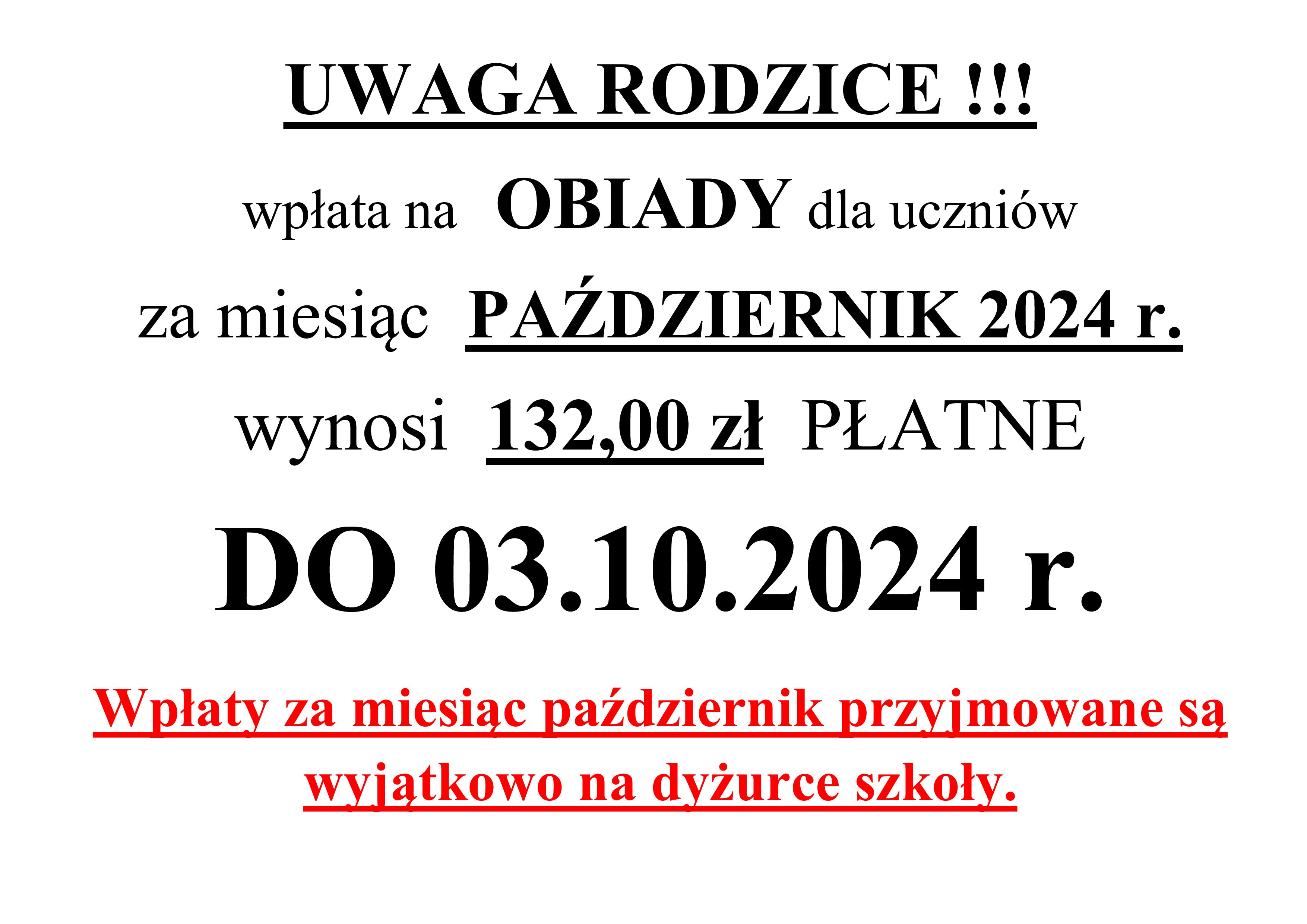 Opłaty za obiady - Październik 2024